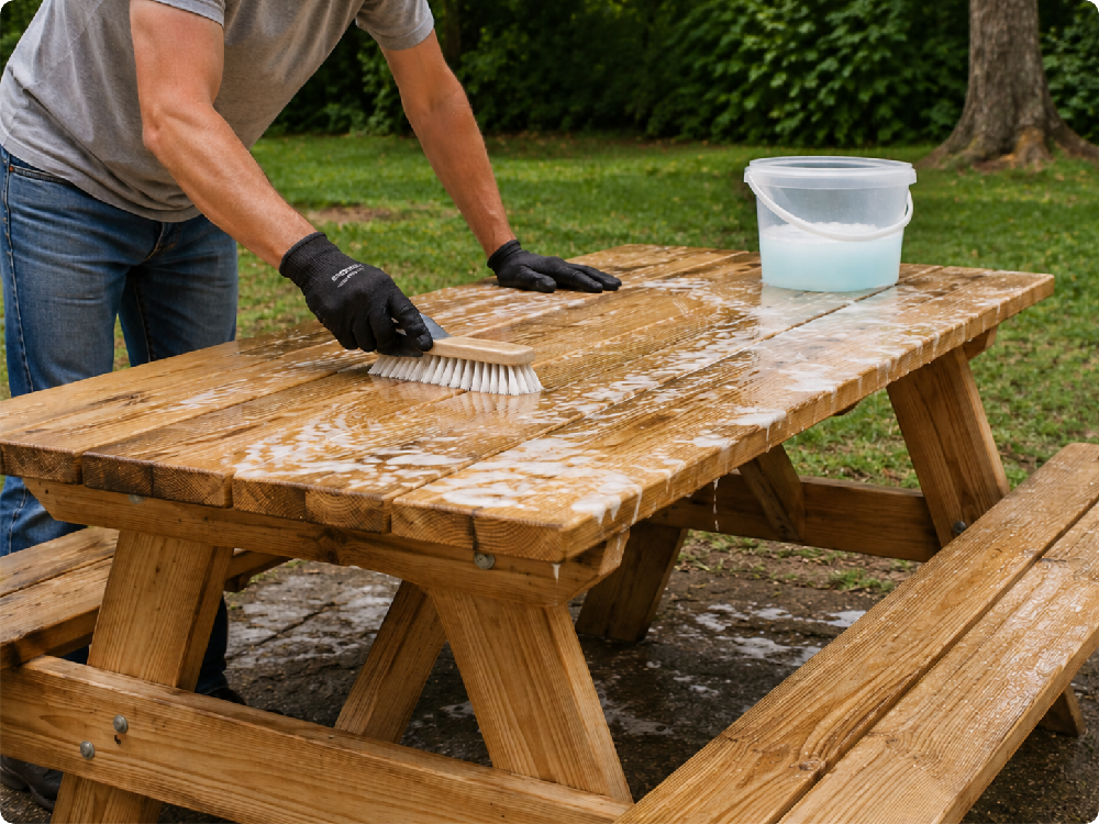 Cleaning and maintaining a commercial wooden picnic table